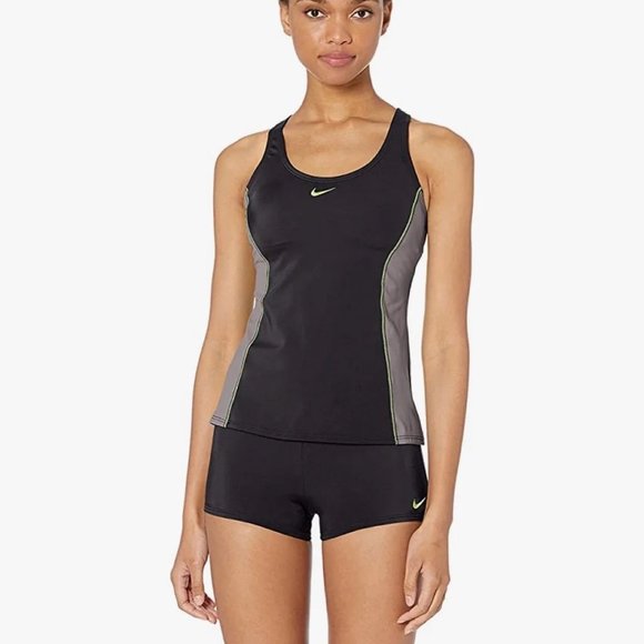 Nike XS Racer aBck Tankini Swimsuit 2 Piece Set (Black/Gray/Neon Green) - Picture 1 of 6